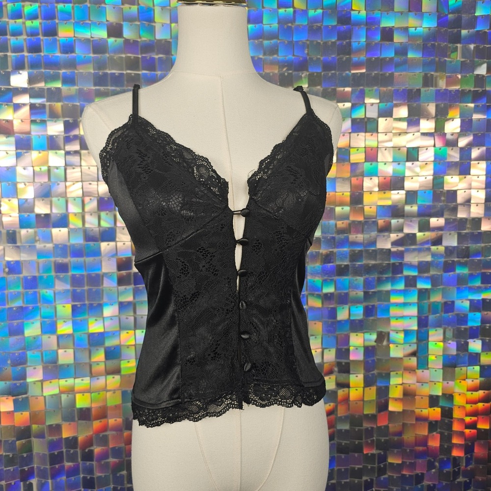 Forever 21 Cami Top Women Small Black Good Lace Satin Button Front Cropped